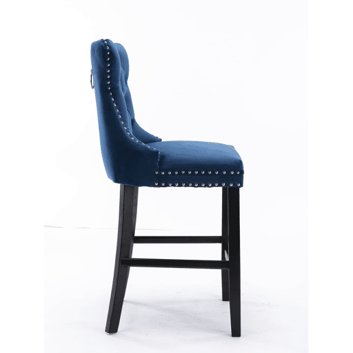 Conjunto de 2 bancos de bar - veludo capitoné, pernas de madeira - azul