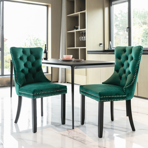 Cadeiras de sala de jantar 2 unidades - veludo capitoné, pernas de madeira, tachas - verde