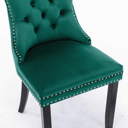 Cadeiras de sala de jantar 2 unidades - veludo capitoné, pernas de madeira, tachas - verde