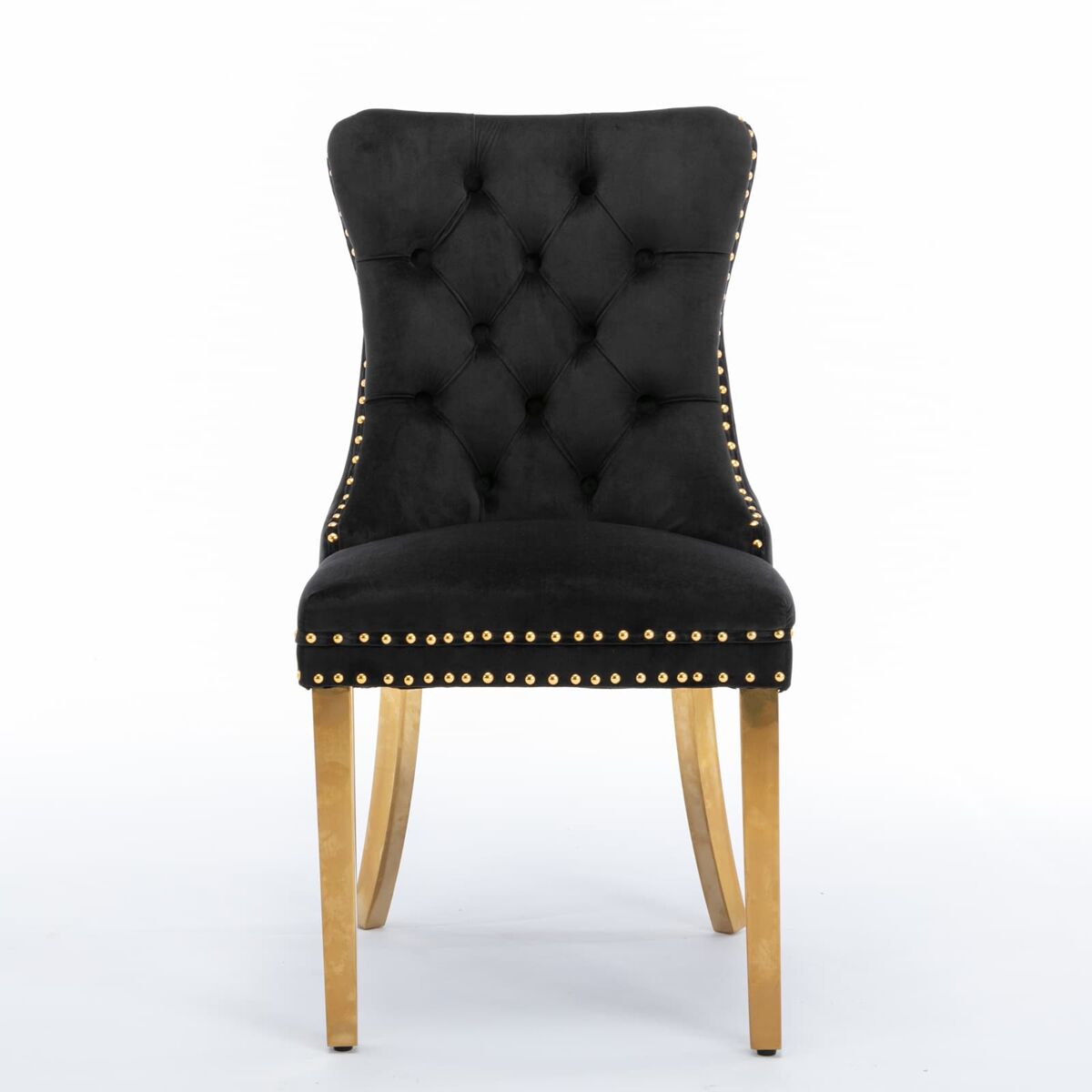 Silla de comedor 2 uds - moderna, tapizada en terciopelo con patas doradas y tachuelas - negro