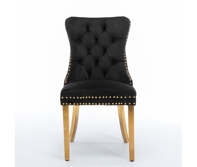 Silla de comedor 2 uds - moderna, tapizada en terciopelo con patas doradas y tachuelas - negro