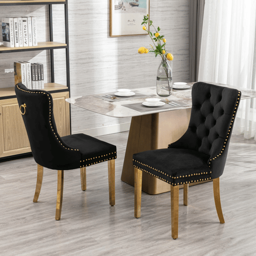 Cadeira de sala de jantar 2 unidades - Moderna, estofada em veludo com pernas douradas e tachas - Preto