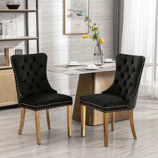 Cadeira de sala de jantar 2 unidades - Moderna, estofada em veludo com pernas douradas e tachas - Preto