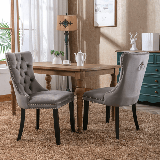 Cadeiras de sala de jantar 2 unidades - estofadas em veludo capitoné com pernas de madeira - cinza Cadeiras de sala de jantar 2 unidades - estofadas em veludo capitoné com pernas de madeira - cinza