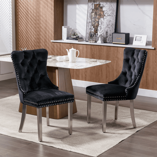 Cadeira de sala de jantar 2 unidades - Moderna, estofada em veludo com pernas cromadas - Preto e cromado