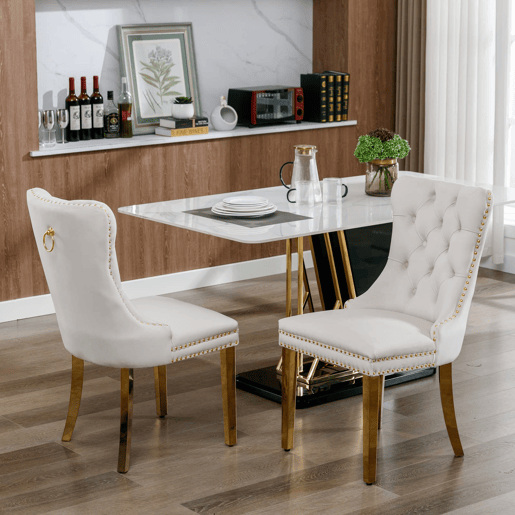 Cadeira de sala de jantar 2 peças - Veludo acolchoado, encosto capitoné, pernas douradas - Bege e dourado
