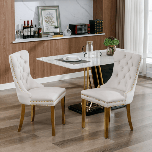 Cadeira de sala de jantar 2 peças - Veludo acolchoado, encosto capitoné, pernas douradas - Bege e dourado