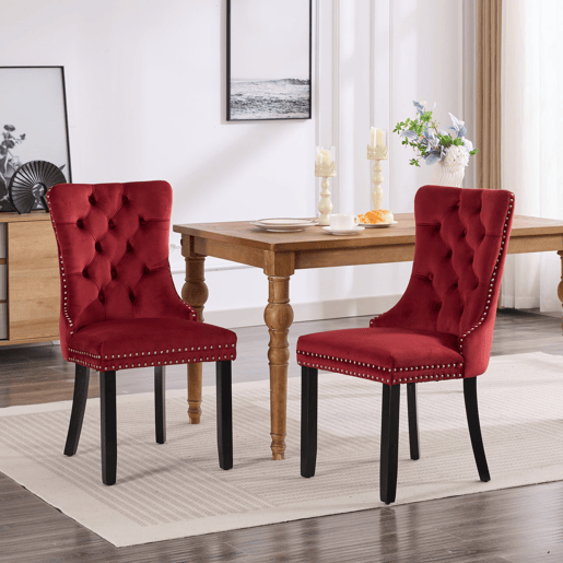 Cadeiras de sala de jantar 2 unidades - veludo capitoné, pernas de madeira com tachas - vermelho vinho