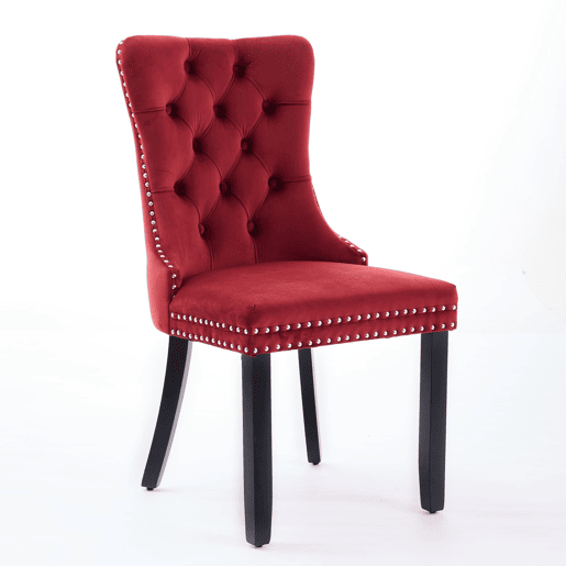 Cadeiras de sala de jantar 2 unidades - veludo capitoné, pernas de madeira com tachas - vermelho vinho