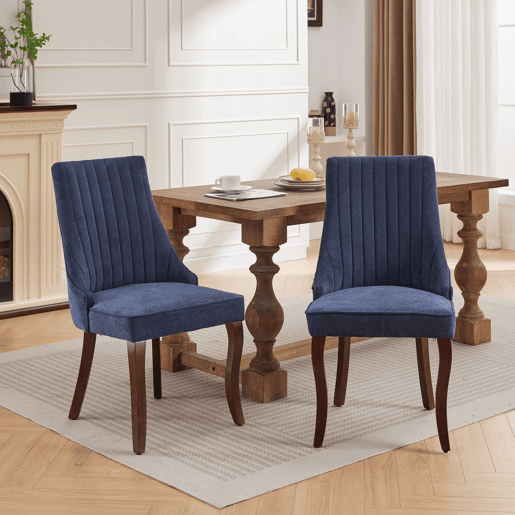 Cadeira de sala de jantar 2 unidades - Estofada em chenille com encosto canalizado e pernas de madeira curvadas - Azul