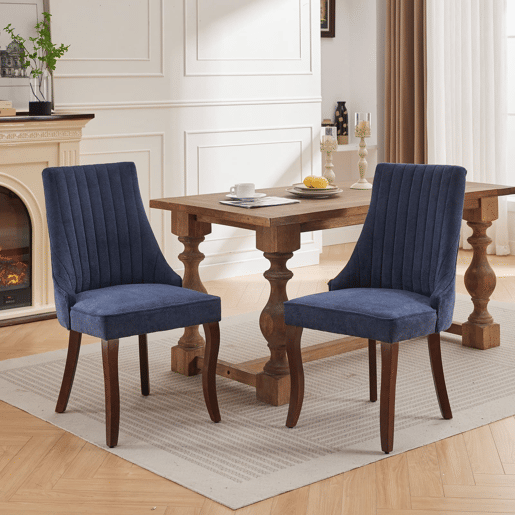 Cadeira de sala de jantar 2 unidades - Estofada em chenille com encosto canalizado e pernas de madeira curvadas - Azul