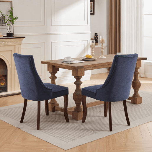 Cadeira de sala de jantar 2 unidades - Estofada em chenille com encosto canalizado e pernas de madeira curvadas - Azul