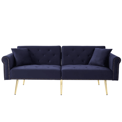Sofá-cama de 2 lugares - veludo, encosto ajustável em 3 posições, pés metálicos dourados - Antique Blue