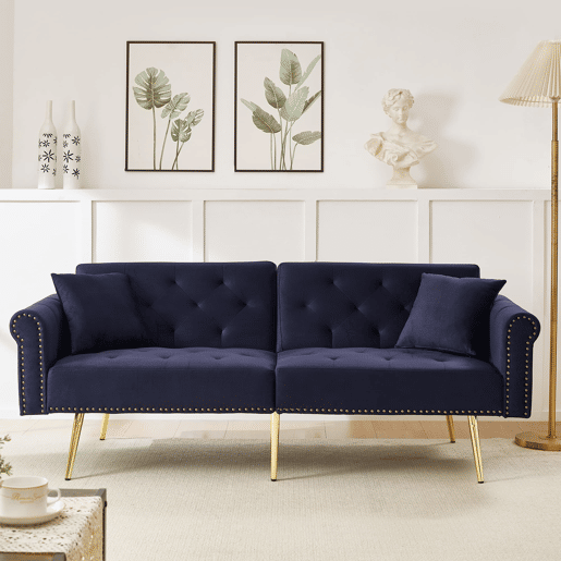 Sofá-cama de 2 lugares - veludo, encosto ajustável em 3 posições, pés metálicos dourados - Antique Blue