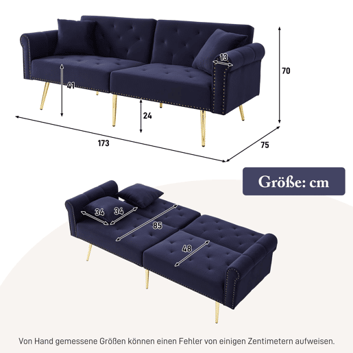 Sofá-cama de 2 lugares - veludo, encosto ajustável em 3 posições, pés metálicos dourados - Antique Blue