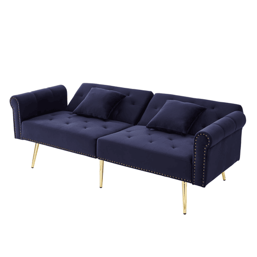 Sofá-cama de 2 lugares - veludo, encosto ajustável em 3 posições, pés metálicos dourados - Antique Blue