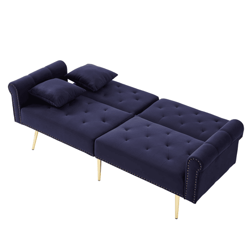 Sofá-cama de 2 lugares - veludo, encosto ajustável em 3 posições, pés metálicos dourados - Antique Blue
