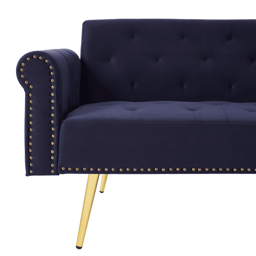 Sofá-cama de 2 lugares - veludo, encosto ajustável em 3 posições, pés metálicos dourados - Antique Blue