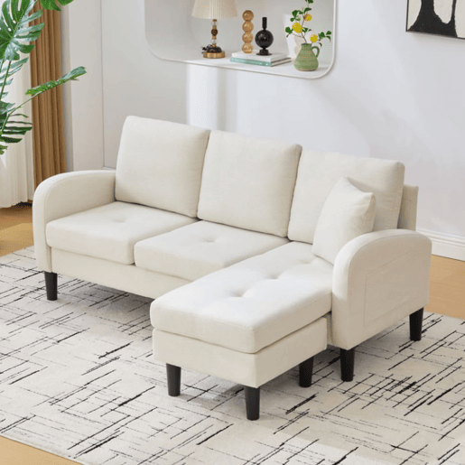 Sofá de canto de 3 lugares 166x118x77 cm - Chaise longue, algodão-linho, modular - bege