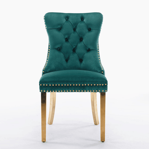 Cadeira de sala de jantar 2 unidades - Estofada em veludo, pernas em aço dourado, capitoné - Verde