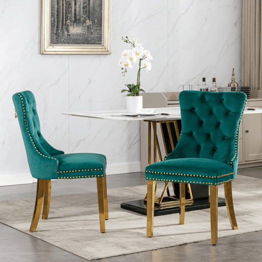 Cadeira de sala de jantar 2 unidades - Estofada em veludo, pernas em aço dourado, capitoné - Verde