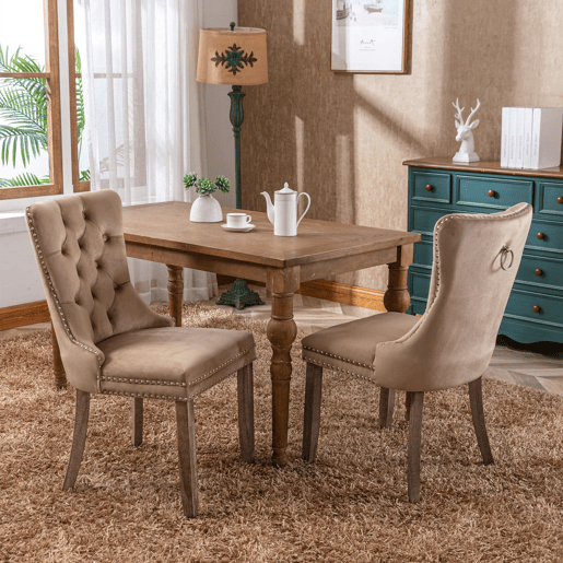 Cadeira de sala de jantar 2 unidades - Veludo acolchoado, pernas de madeira, tachas - Cáqui