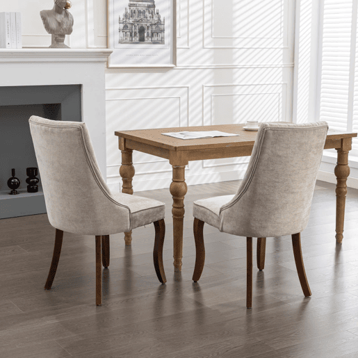 Cadeira de sala de jantar 2 unidades - Estofada em chenille confortável com pernas de madeira curvadas - Bege