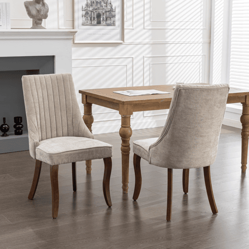 Cadeira de sala de jantar 2 unidades - Estofada em chenille confortável com pernas de madeira curvadas - Bege