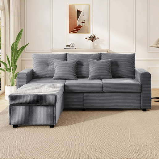 Sofá modular L 3 lugares + otomano grande - LED, assento nuvem, modular, alta resistência - Cinza Antigo