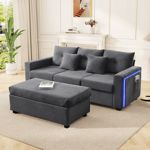 Sofá modular L 3 lugares + otomano grande - LED, assento nuvem, modular, alta resistência - Cinza Antigo
