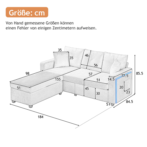 Sofá modular L 3 lugares + otomano grande - LED, assento nuvem, modular, alta resistência - Cinza Antigo