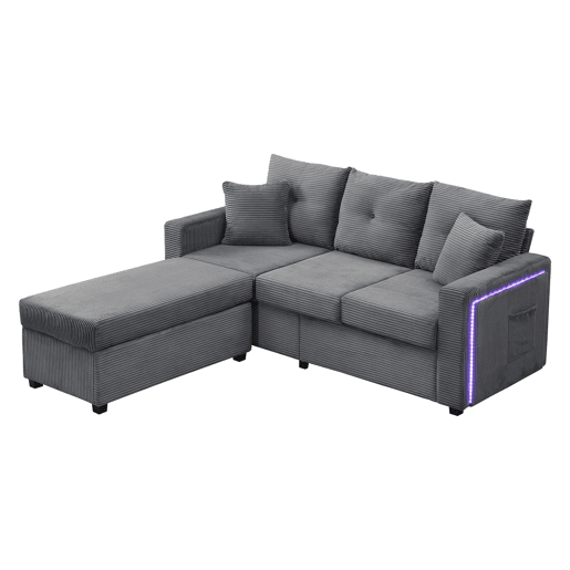 Sofá modular L 3 lugares + otomano grande - LED, assento nuvem, modular, alta resistência - Cinza Antigo