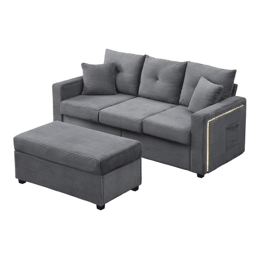 Sofá modular L 3 lugares + otomano grande - LED, assento nuvem, modular, alta resistência - Cinza Antigo