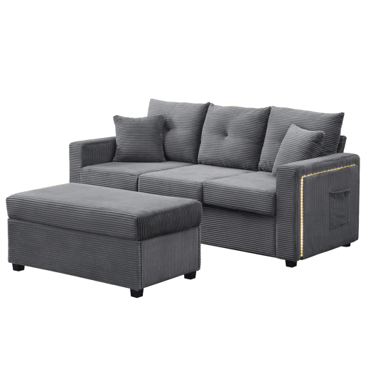 Sofá modular L 3 lugares + otomano grande - LED, assento nuvem, modular, alta resistência - Cinza Antigo