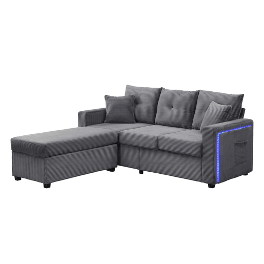 Sofá modular L 3 lugares + otomano grande - LED, assento nuvem, modular, alta resistência - Cinza Antigo