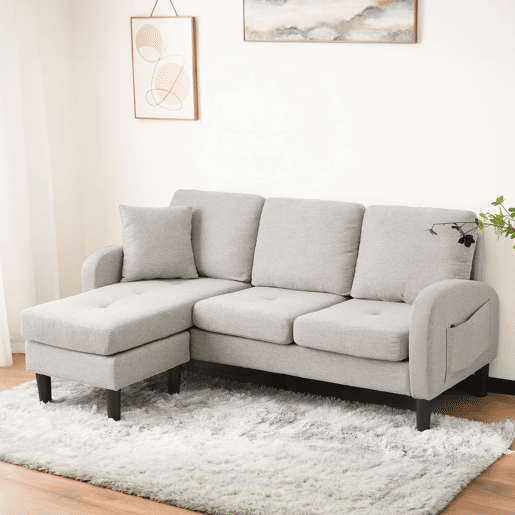 Sofá de canto em L 3 lugares 166x118x77 cm - modular com chaise longue - Cinza claro