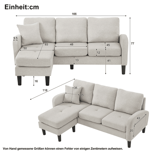 Sofá de canto em L 3 lugares 166x118x77 cm - modular com chaise longue - Cinza claro