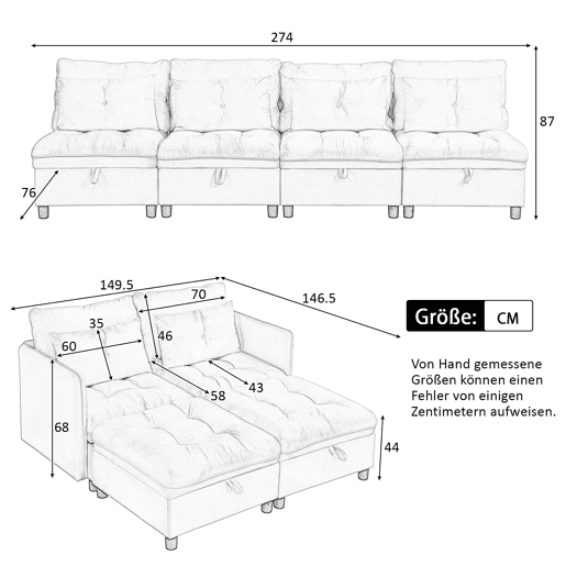 Sofá modular de 4 lugares - assentos com arrumação e função cama - Antique Gray