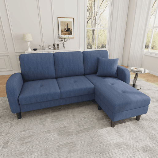 Sofá de canto de 3 lugares 166x118x77 cm - Chaise longue modular, tecido de veludo cotelê - Azul