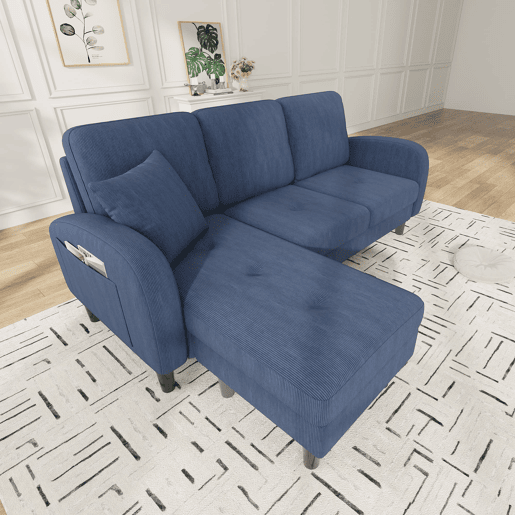 Sofá de canto de 3 lugares 166x118x77 cm - Chaise longue modular, tecido de veludo cotelê - Azul