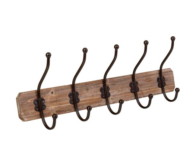 Percha de pared de madera con 5 ganchos 60x1.3x8h cm