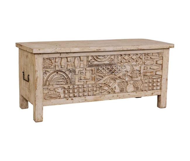 Baúl de madera tallado artesanal beige 100x40x46h cm