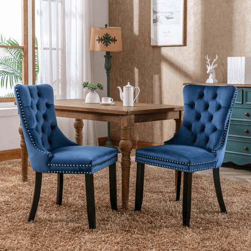 Cadeiras de sala de jantar 2 unidades - veludo capitoné, pernas de madeira com tachas - azul