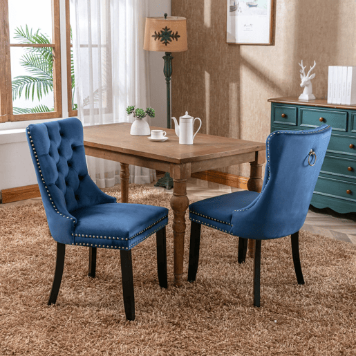Cadeiras de sala de jantar 2 unidades - veludo capitoné, pernas de madeira com tachas - azul