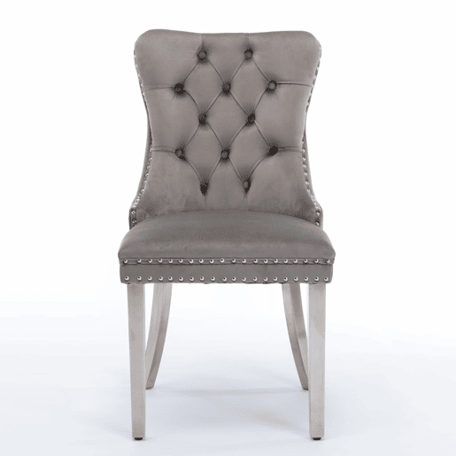 Cadeira de jantar 2 unidades - Estofada em veludo cinzento, pernas em aço cromado, detalhes em tachas - Cinza