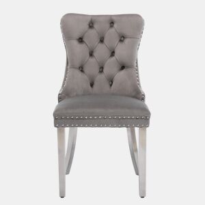 Cadeira de jantar 2 unidades - Estofada em veludo cinzento, pernas em aço cromado, detalhes em tachas - Cinza