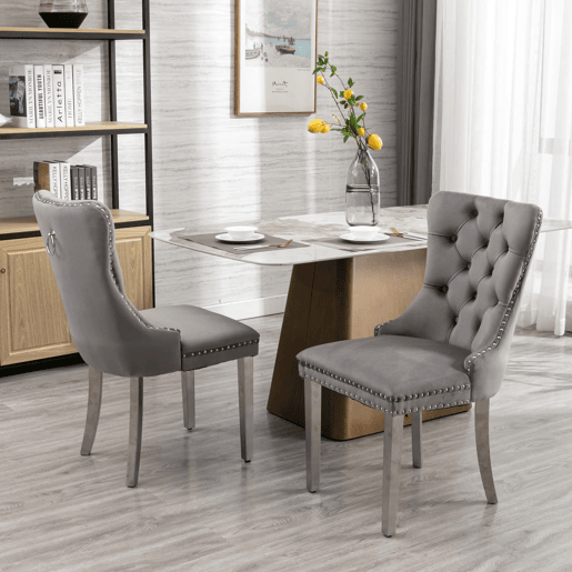 Cadeira de jantar 2 unidades - Estofada em veludo cinzento, pernas em aço cromado, detalhes em tachas - Cinza