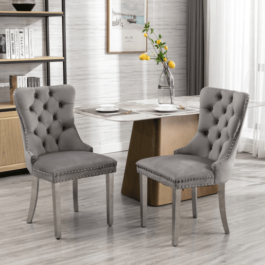 Cadeira de jantar 2 unidades - Estofada em veludo cinzento, pernas em aço cromado, detalhes em tachas - Cinza