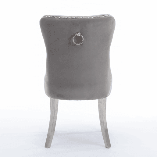Cadeira de jantar 2 unidades - Estofada em veludo cinzento, pernas em aço cromado, detalhes em tachas - Cinza
