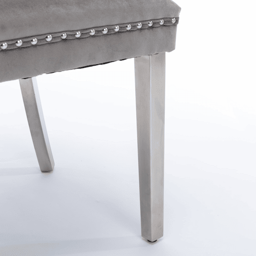 Cadeira de jantar 2 unidades - Estofada em veludo cinzento, pernas em aço cromado, detalhes em tachas - Cinza